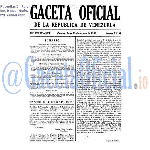 Gaceta Oficial 25191 del 29 Octubre 1956