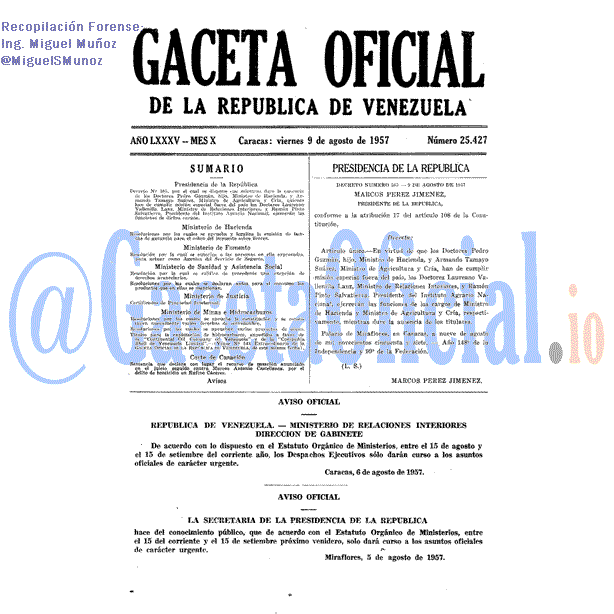 Gaceta Oficial 25427 del 9 Agosto 1957