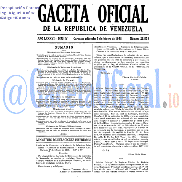 Gaceta Oficial 25578 del 5 Febrero 1958