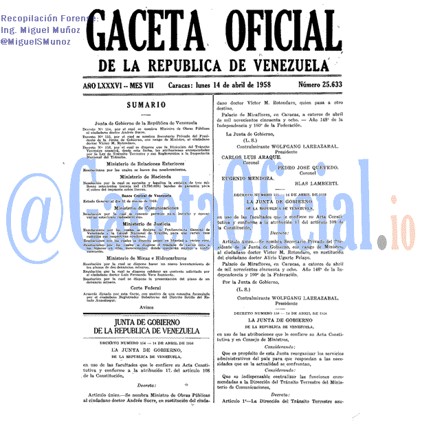 Gaceta Oficial 25633 del 14 Abril 1958