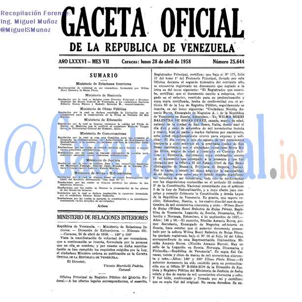 Gaceta Oficial 25644 del 28 Abril 1958