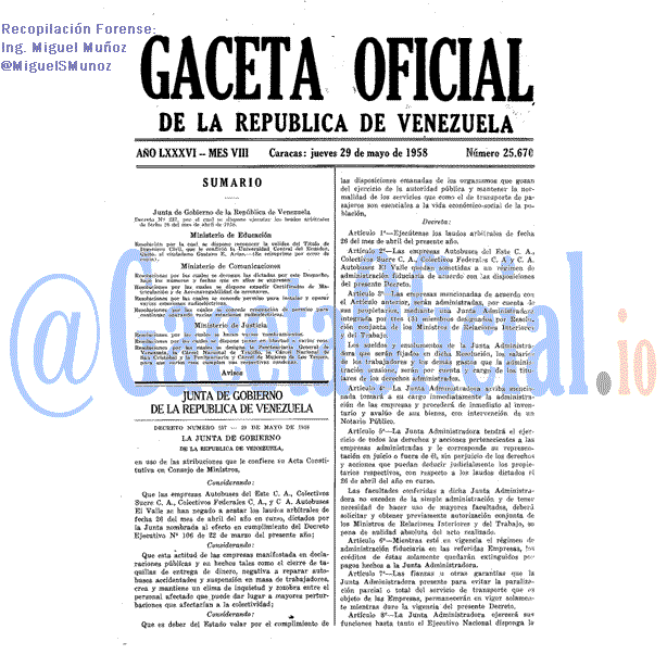 Gaceta Oficial 25670 del 29 Mayo 1958