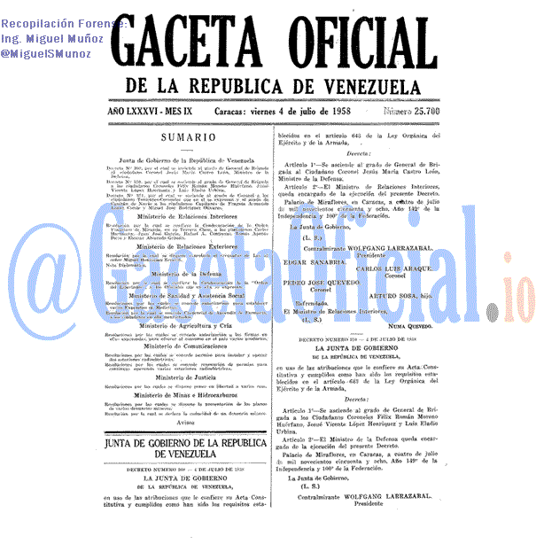 Gaceta Oficial 25700 del 4 Julio 1958