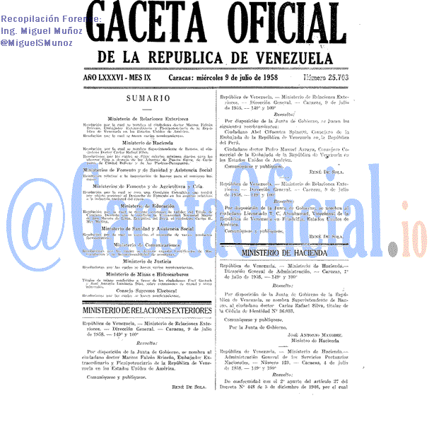 Gaceta Oficial 25703 del 9 Julio 1958