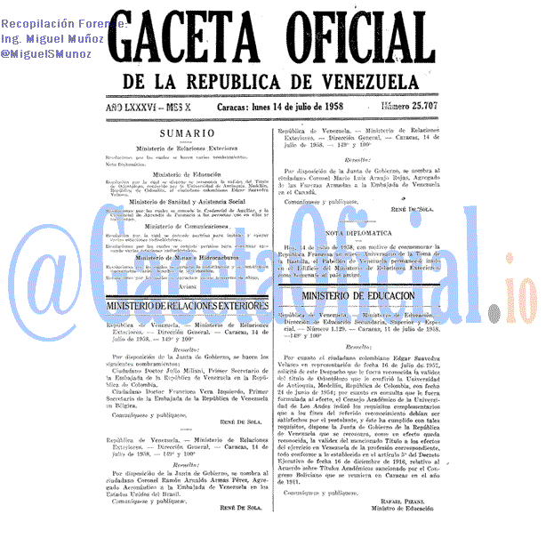 Gaceta Oficial 25707 del 14 Julio 1958