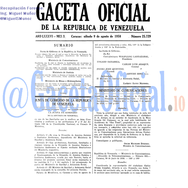 Gaceta Oficial 25729 del 9 Agosto 1958