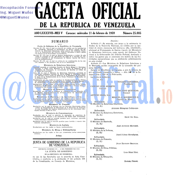 Gaceta Oficial 25885 del 11 Febrero 1959