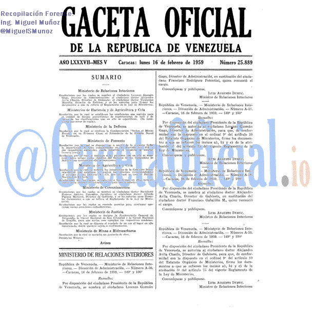 Gaceta Oficial 25889 del 16 Febrero 1959