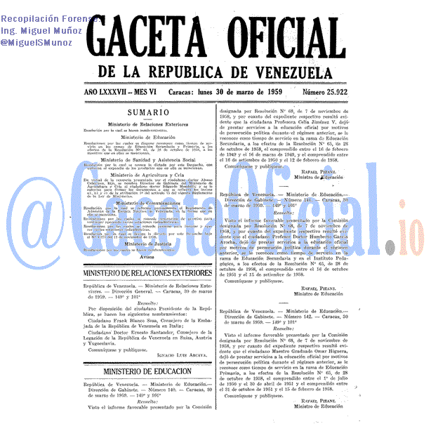 Gaceta Oficial 25922 del 30 Marzo 1959