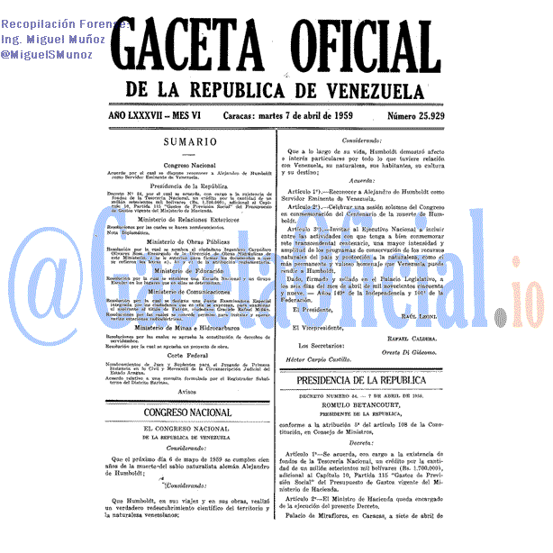 Gaceta Oficial 25929 del 7 Abril 1959