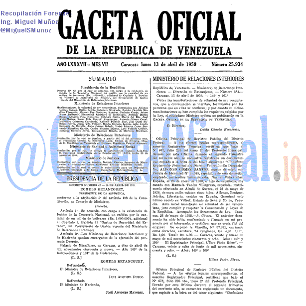 Gaceta Oficial 25934 del 13 Abril 1959