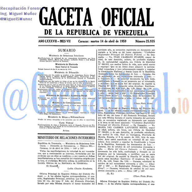 Gaceta Oficial 25935 del 14 Abril 1959