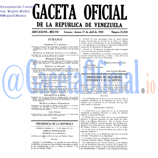 Gaceta Oficial 25938 del 17 Abril 1959