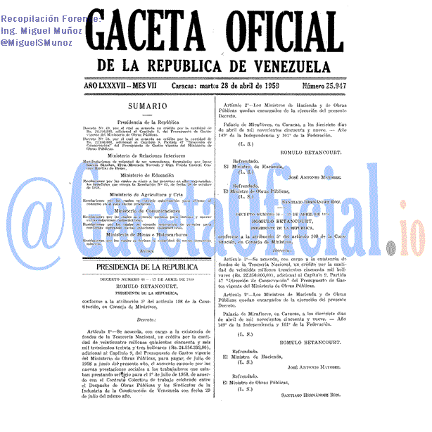 Gaceta Oficial 25947 del 28 Abril 1959