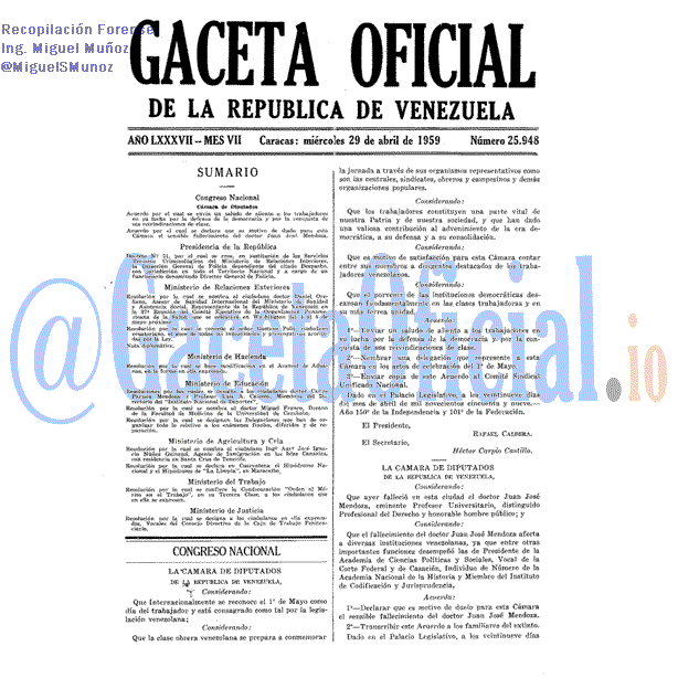 Gaceta Oficial 25948 del 29 Abril 1959