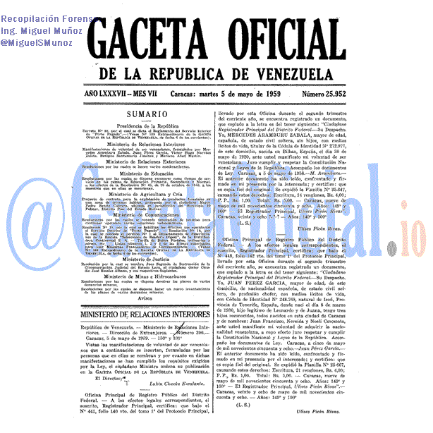 Gaceta Oficial 25952 del 5 Mayo 1959