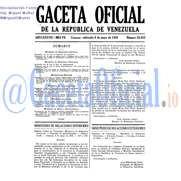 Gaceta Oficial 25953 del 6 Mayo 1959