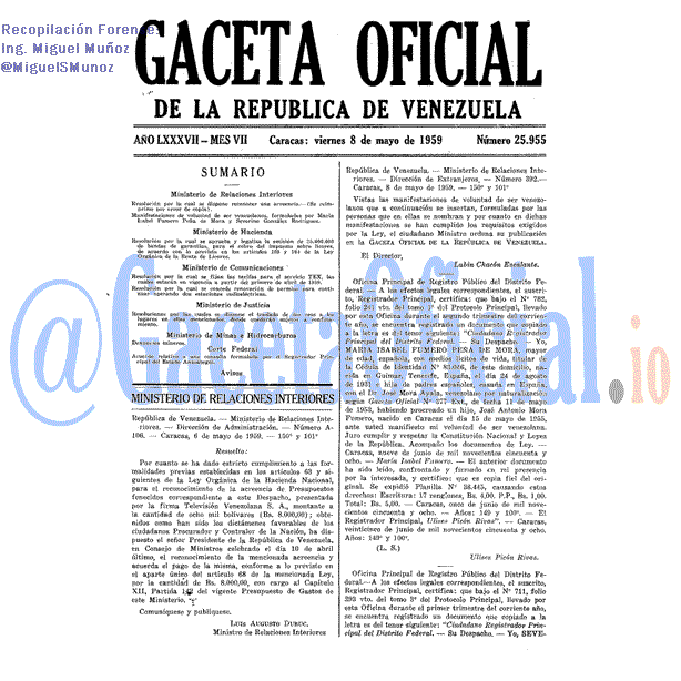 Gaceta Oficial 25955 del 8 Mayo 1959