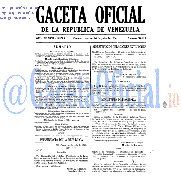Gaceta Oficial 26011 del 14 Julio 1959