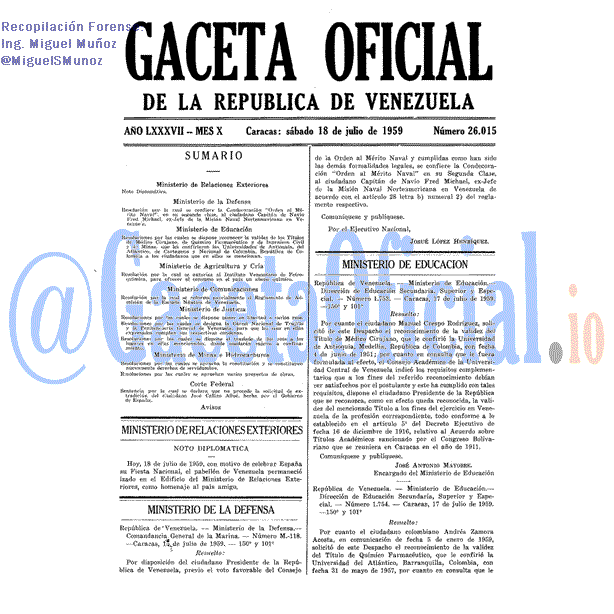 Gaceta Oficial 26015 del 18 Julio 1959