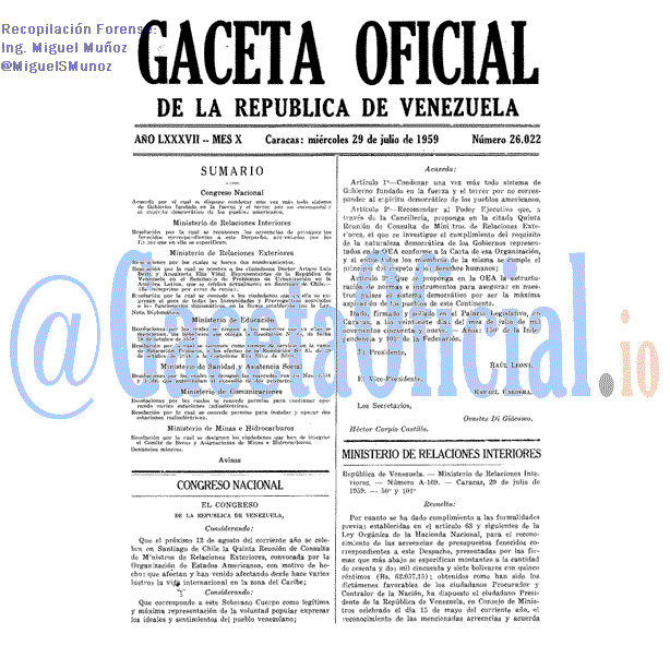 Gaceta Oficial 26022 del 29 Julio 1959