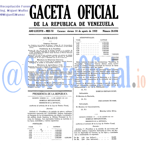 Gaceta Oficial 26036 del 14 Agosto 1959