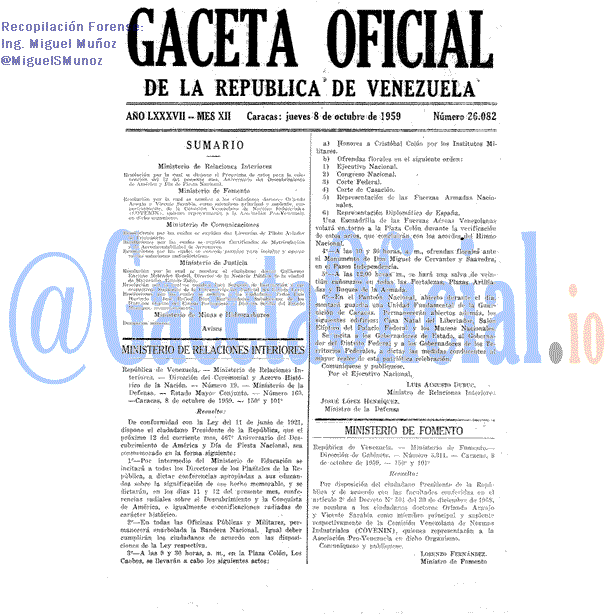 Gaceta Oficial 26082 del 8 Octubre 1959