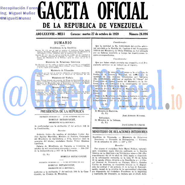 Gaceta Oficial 26096 del 27 Octubre 1959