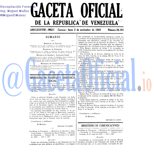 Gaceta Oficial 26101 del 2 Noviembre 1959