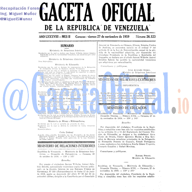 Gaceta Oficial 26123 del 27 Noviembre 1959