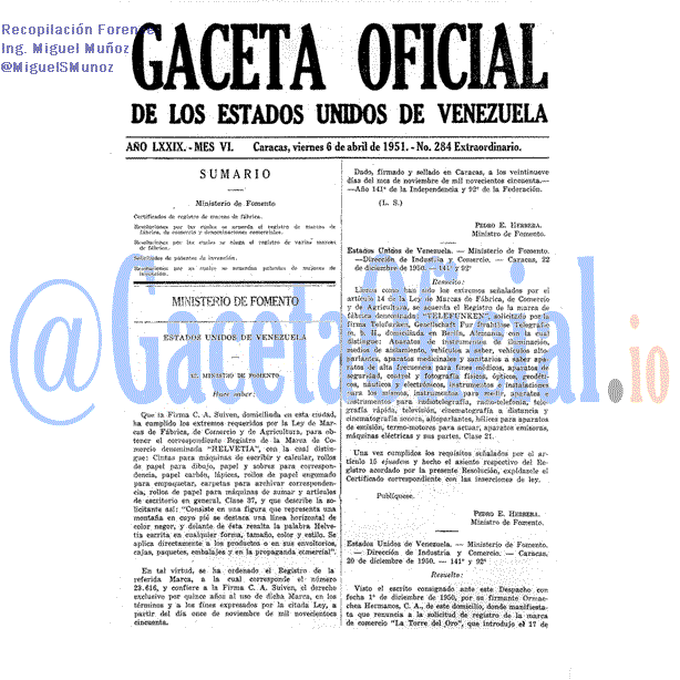 Gaceta Oficial 284 del 6 Abril 1951