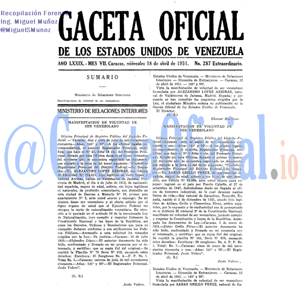 Gaceta Oficial 287 del 18 Abril 1951