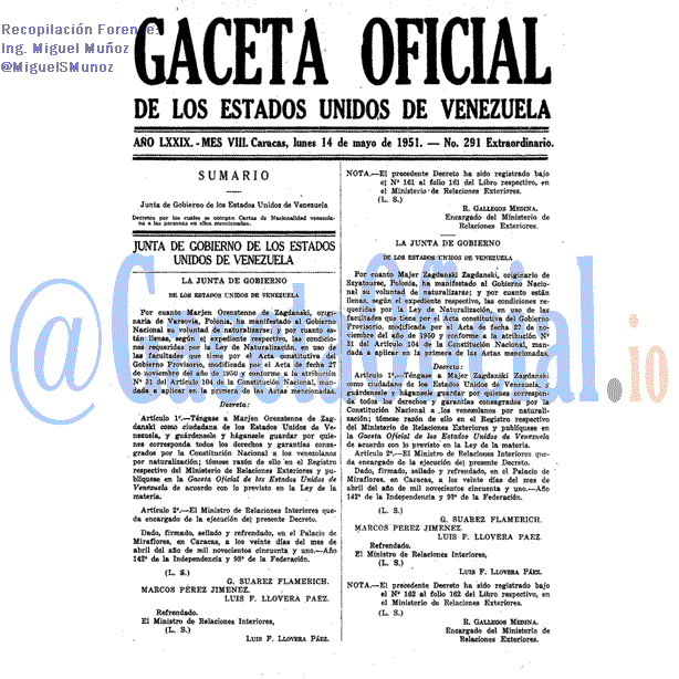 Gaceta Oficial 291 del 14 Mayo 1951