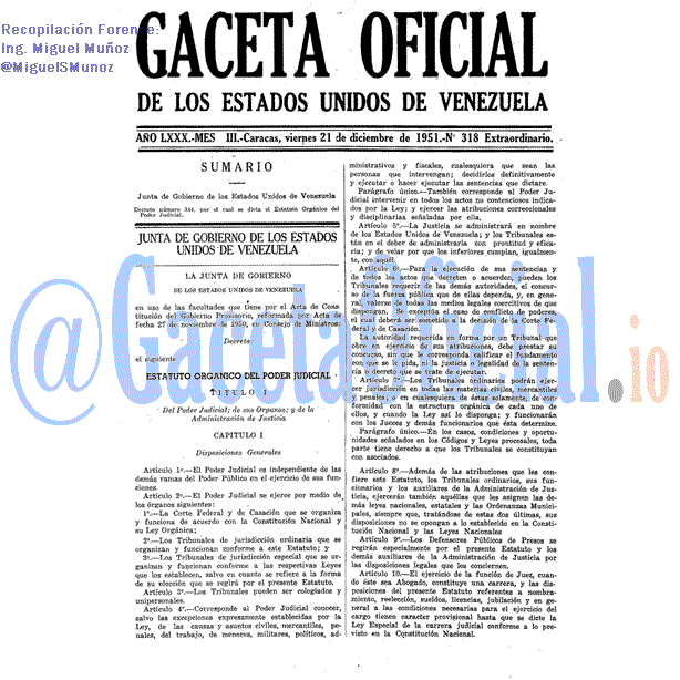 Gaceta Oficial 318 del 21 Diciembre 1951