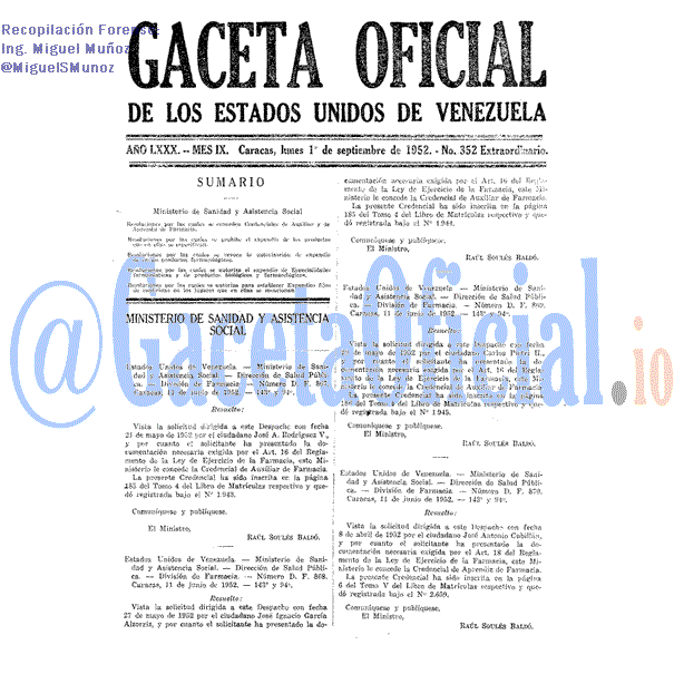 Gaceta Oficial 352 del 1 Septiembre 1952