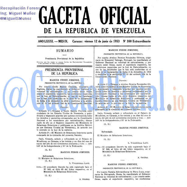 Gaceta Oficial 380 del 12 Junio 1953