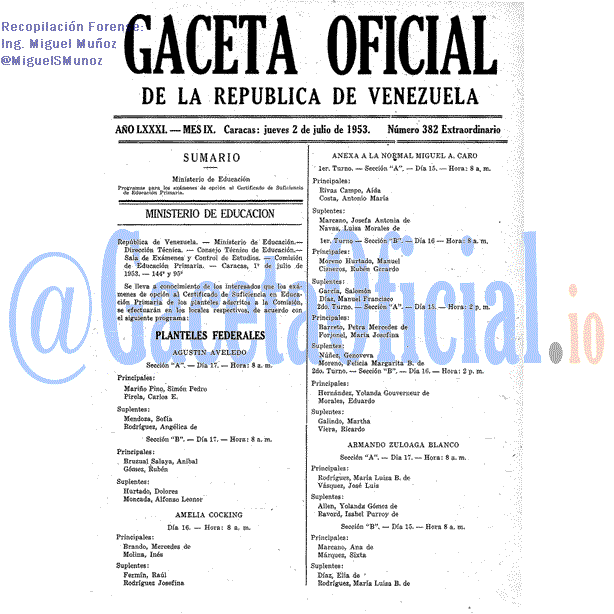 Gaceta Oficial 382 del 2 Julio 1953