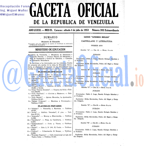 Gaceta Oficial 383 del 4 Julio 1953