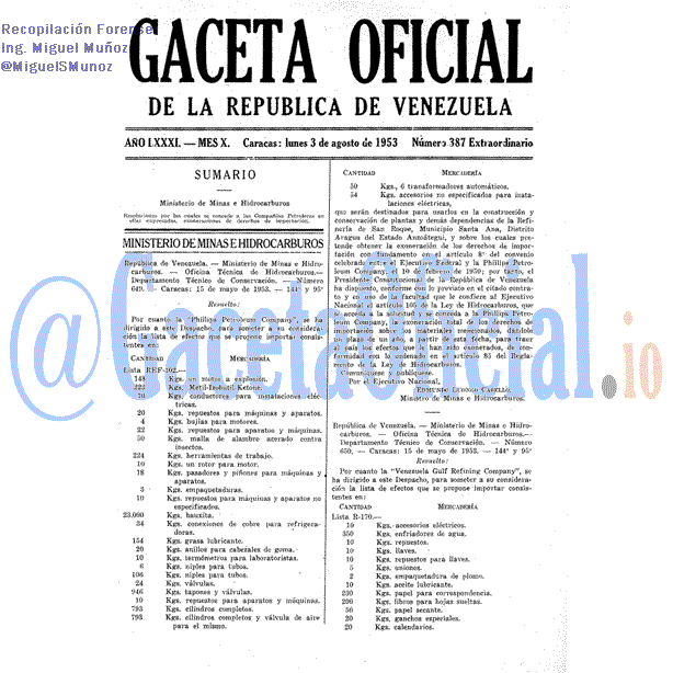Gaceta Oficial 387 del 3 Agosto 1953
