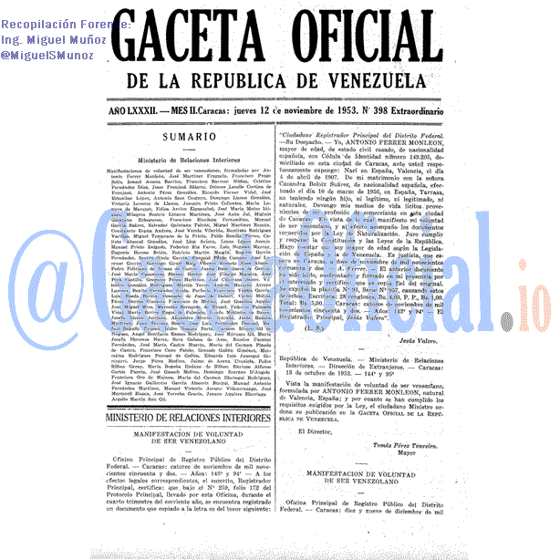 Gaceta Oficial 398 del 12 Noviembre 1953