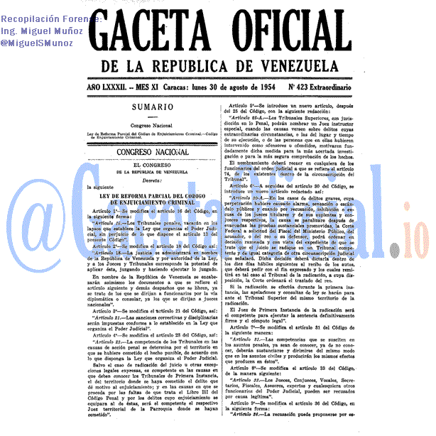 Gaceta Oficial 423 del 30 Agosto 1954