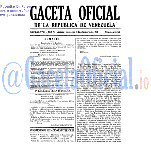 Gaceta Oficial 26351 del 7 Septiembre 1960