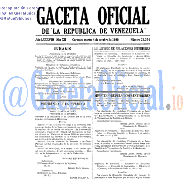 Gaceta Oficial 26374 del 4 Octubre 1960