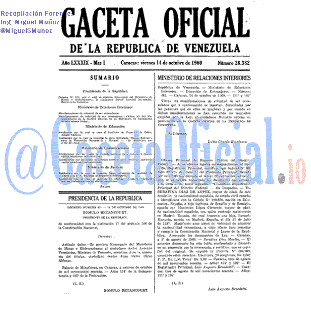 Gaceta Oficial 26382 del 14 Octubre 1960