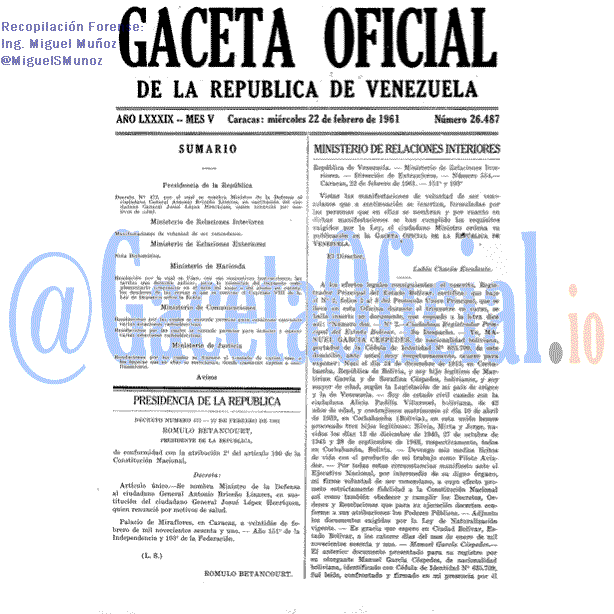 Gaceta Oficial 26487 del 22 Febrero 1961