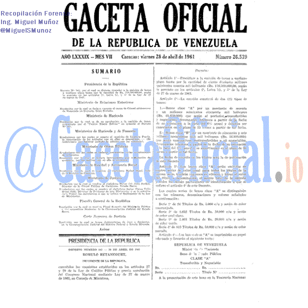 Gaceta Oficial 26539 del 28 Abril 1961