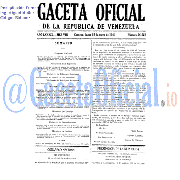 Gaceta Oficial 26552 del 15 Mayo 1961