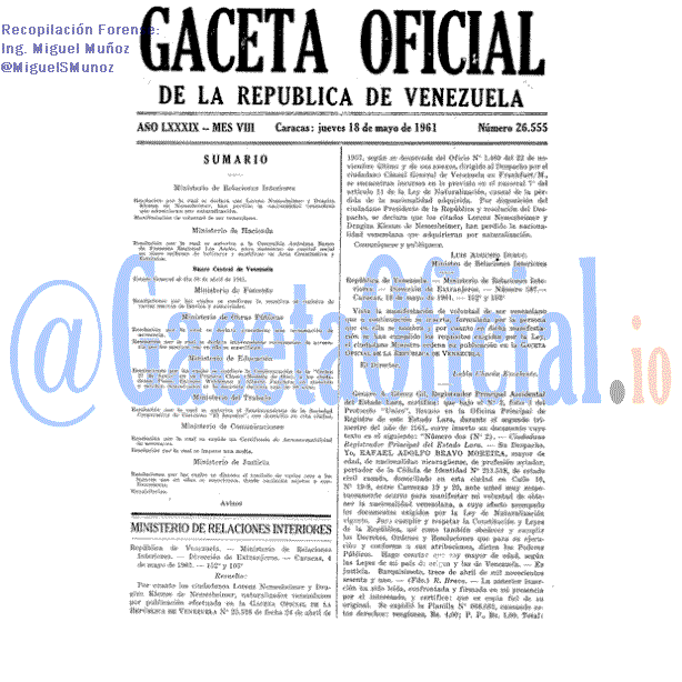 Gaceta Oficial 26555 del 18 Mayo 1961