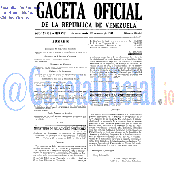 Gaceta Oficial 26559 del 23 Mayo 1961