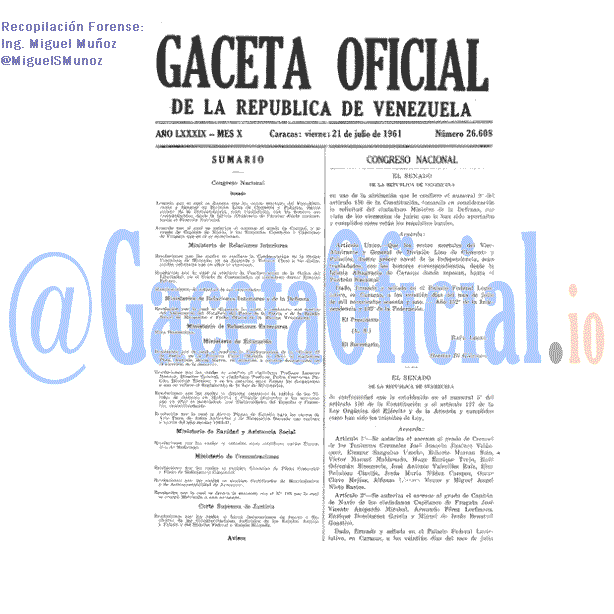 Gaceta Oficial 26608 del 21 Julio 1961